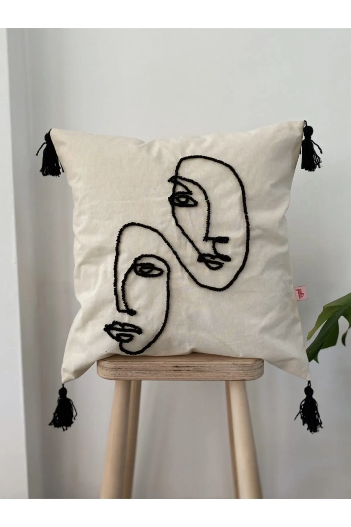 Washed Linen One Line Art Sims Beige Punch Cushion Pillow Cover