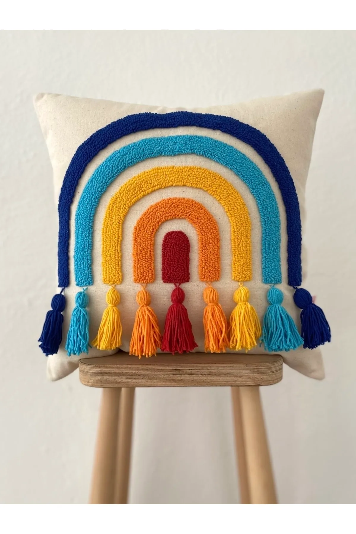 Rainbow Color Tassels Washed Linen Punch Cushion Pillow Cover