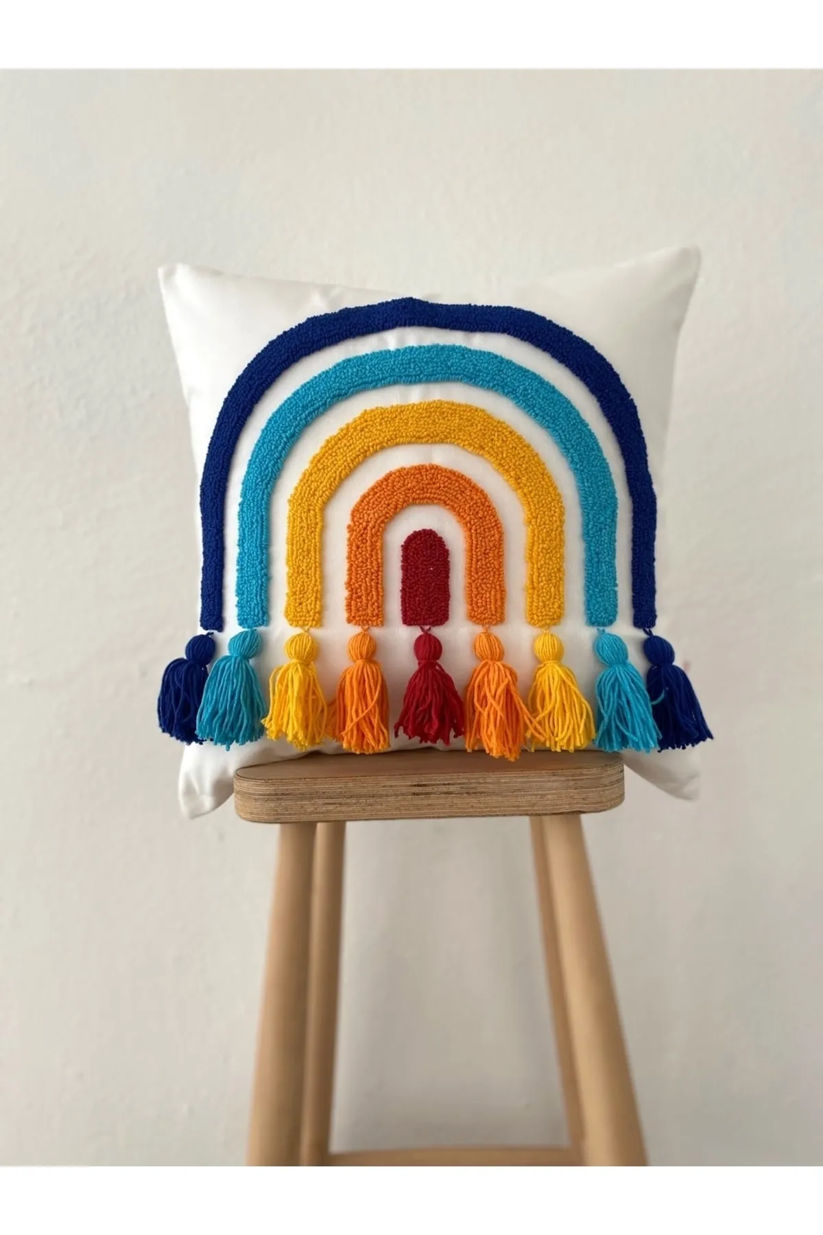 White Rainbow Color Tasseled Punch Cushion Pillow Cover