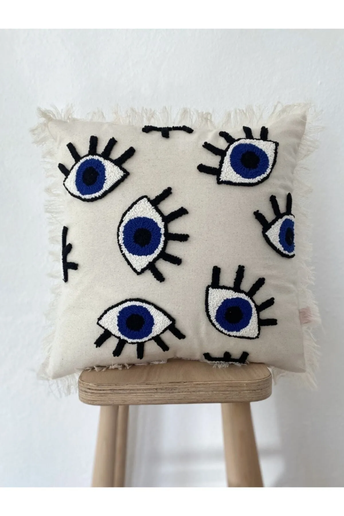 Washed Linen Bohemian Eye Figure Tasseled Punch Cushion Pillow Cover