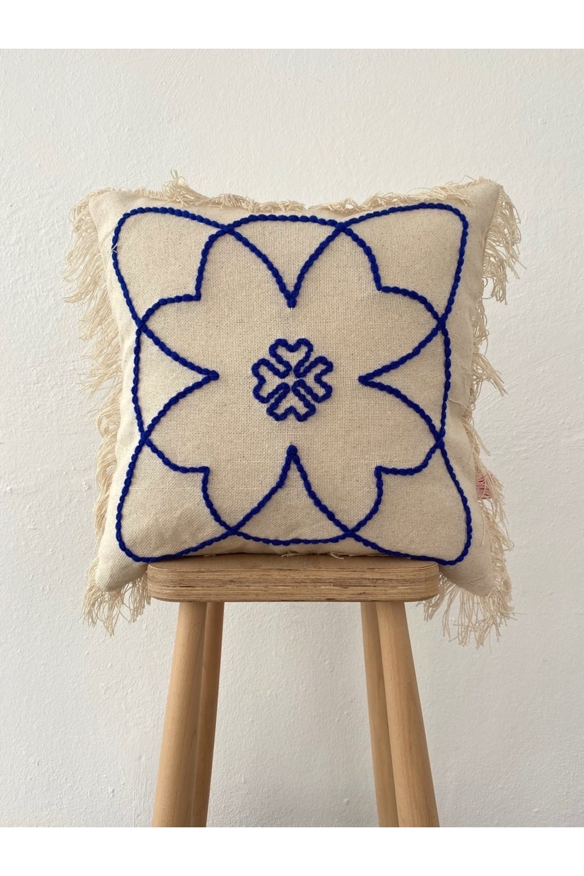 Blue Bohemian Punch Cushion Pillow Cover with Linen Tassels