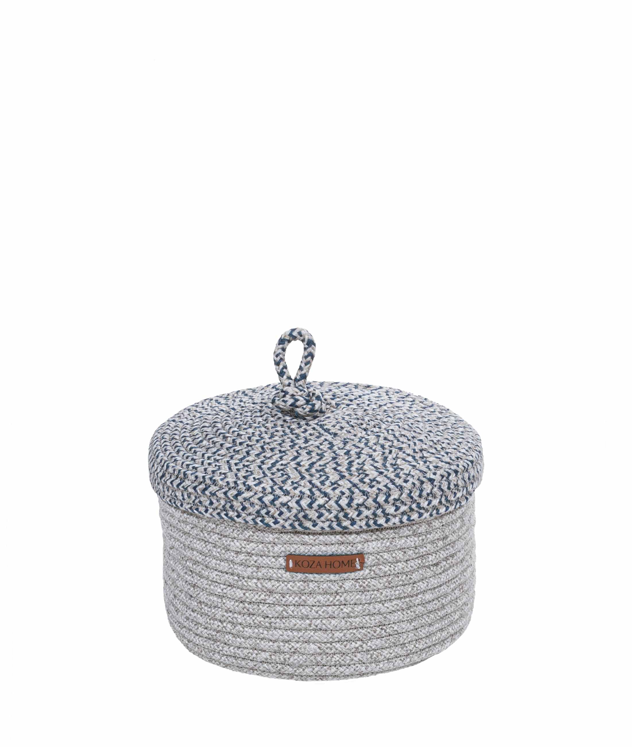 Cesta Handmade Cotton Gray Navy Straw Decorative Basket With Lid 25cm