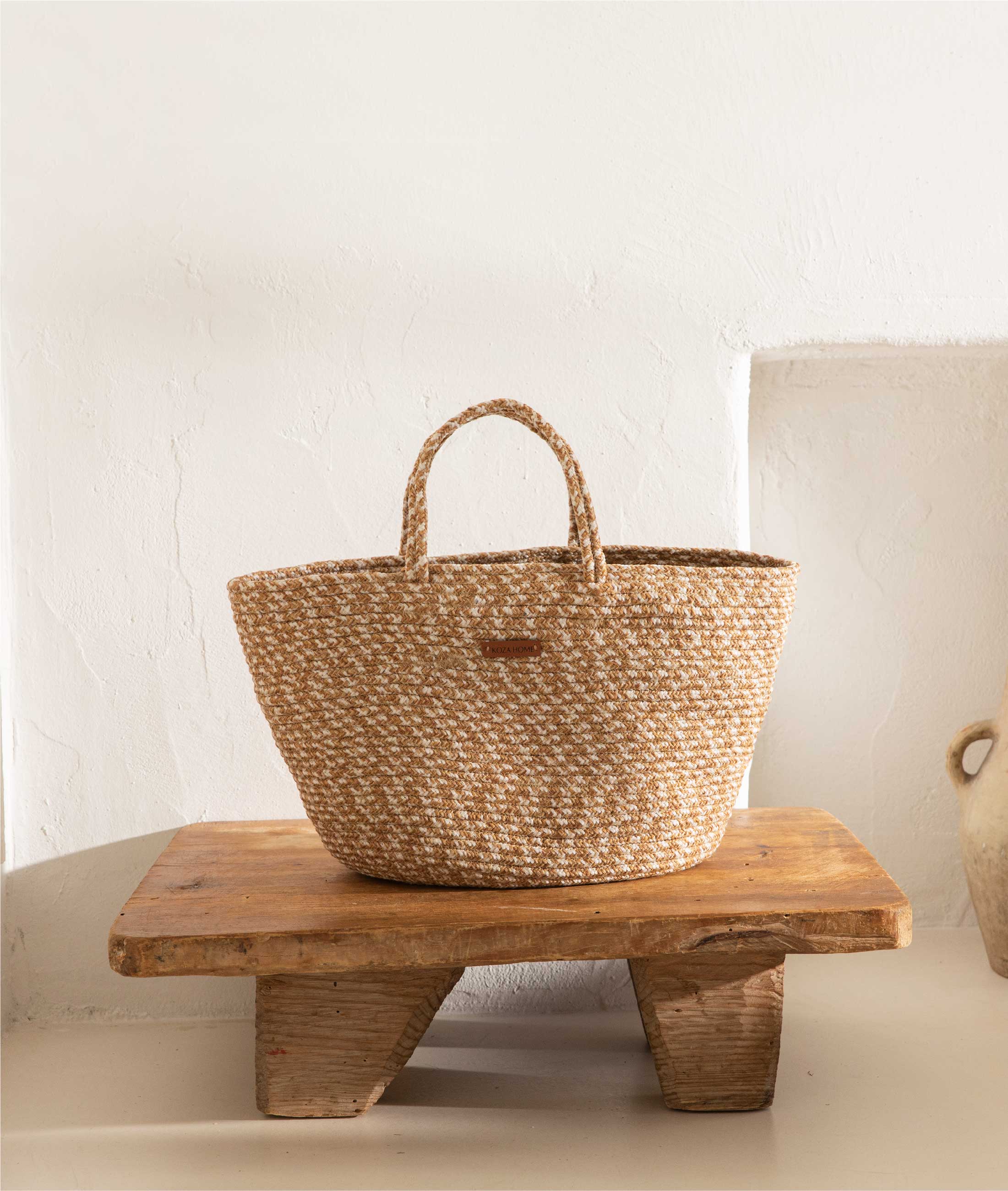 Cesta Handmade Cotton Beige Straw Decorative Carrying Bag