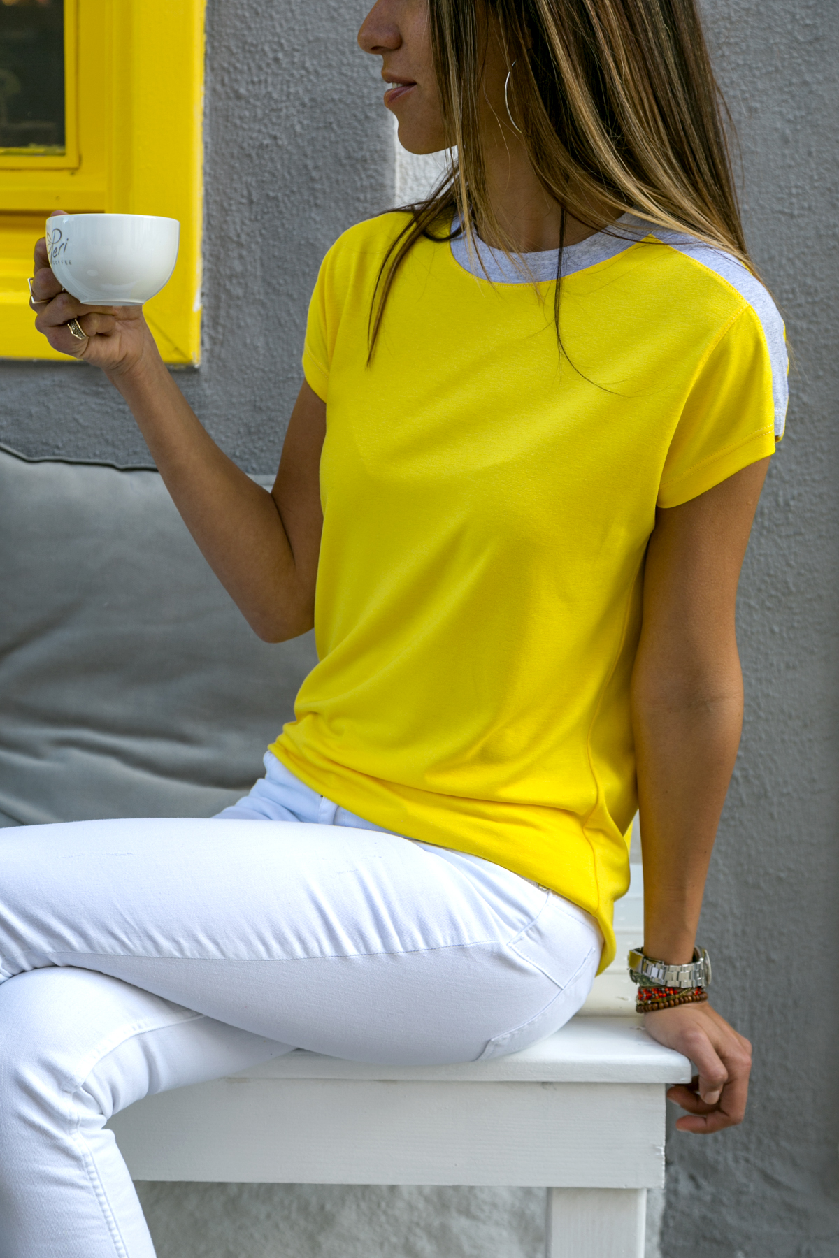 Women's Yellow Color Block Shoulder Garnish T-Shirt Bst3229