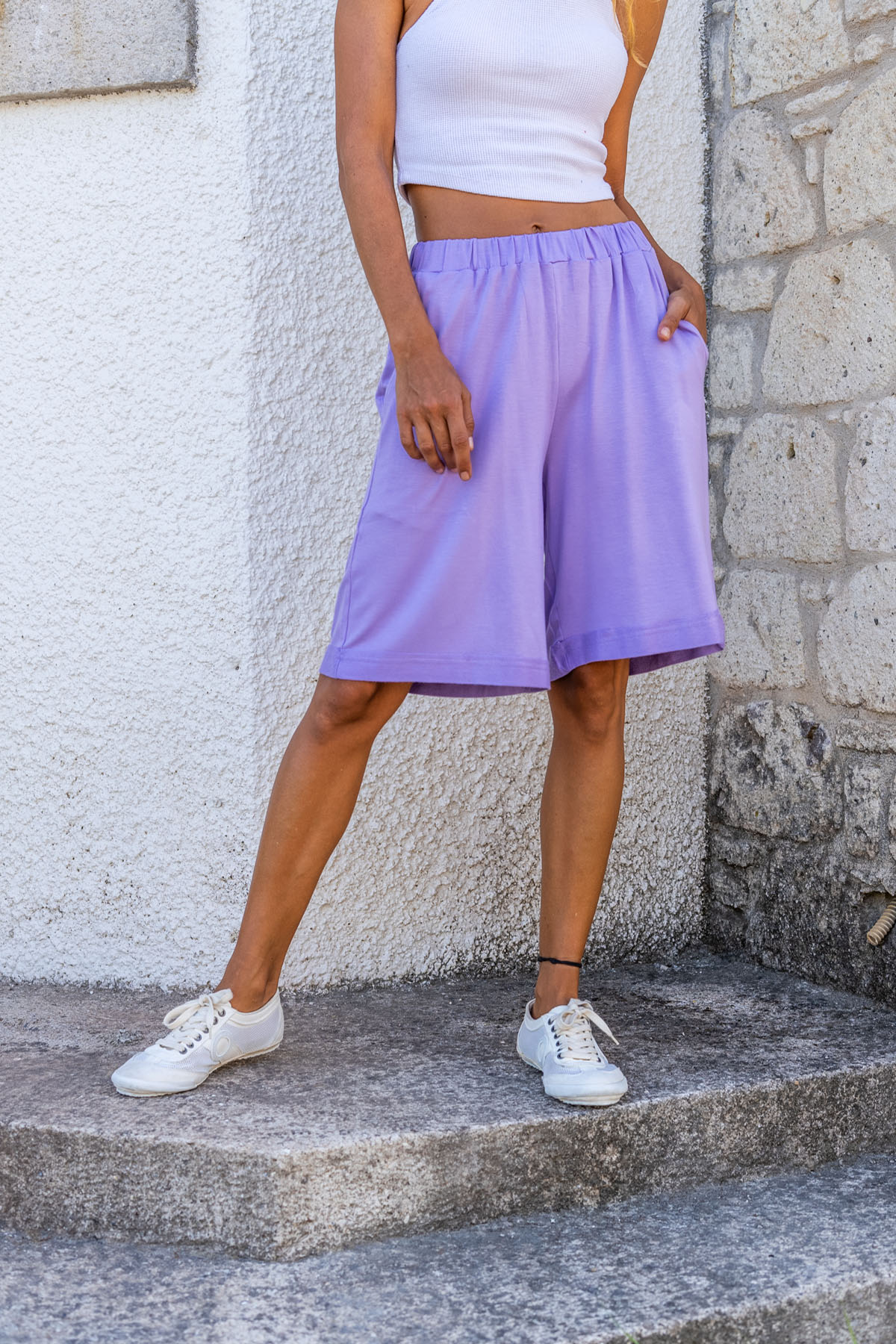 Women's Lilac Double Leg Soft Textured Pocket Shorts Bst3262