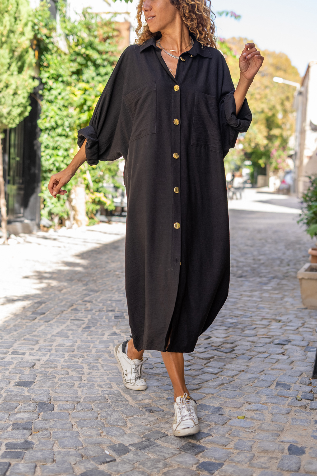 Women's Black Linen Bat Sleeve Loose Pocket Shirt Dress Bst3282