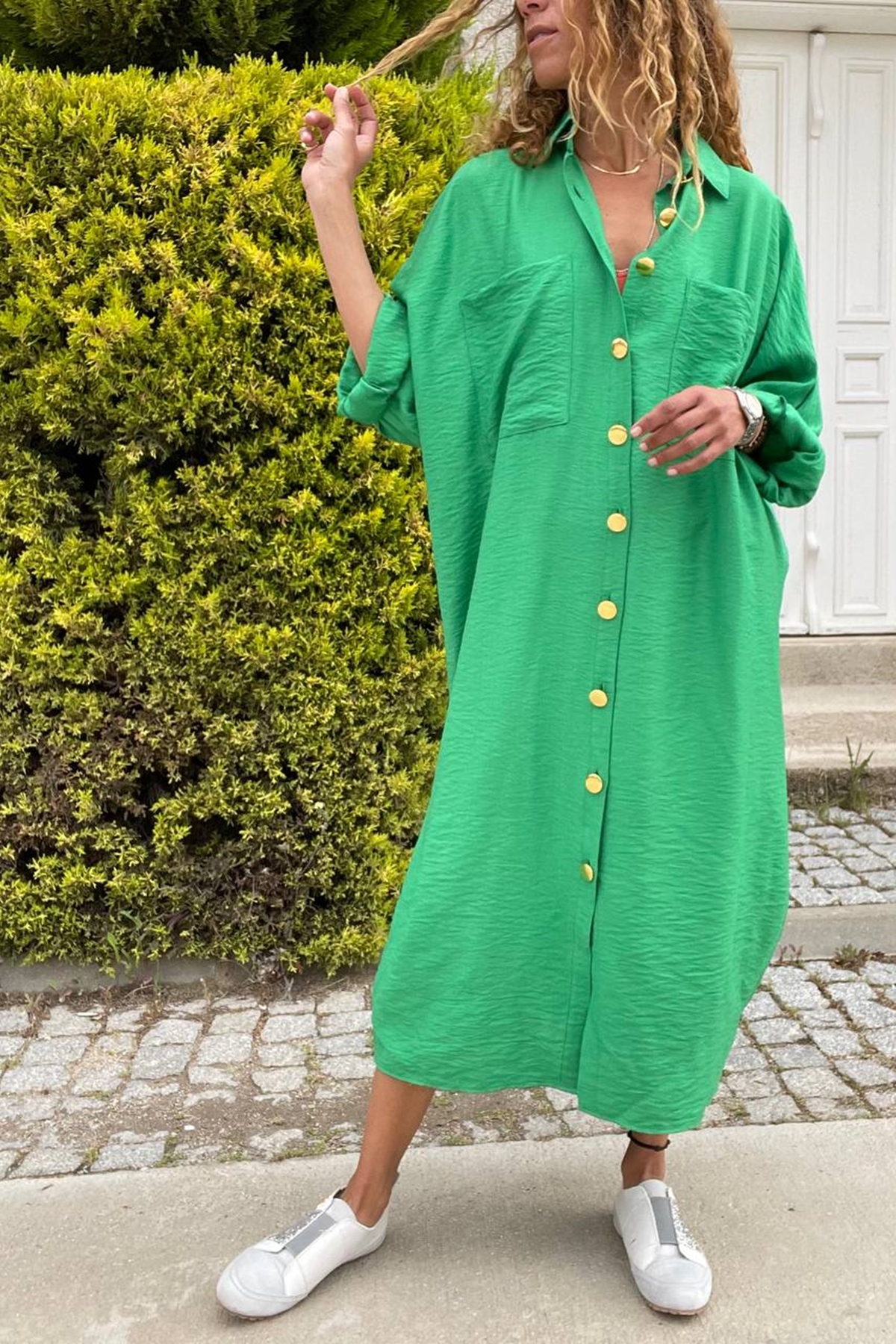 Women's Green Linen Bat Sleeve Loose Pocket Shirt Dress Bst3282