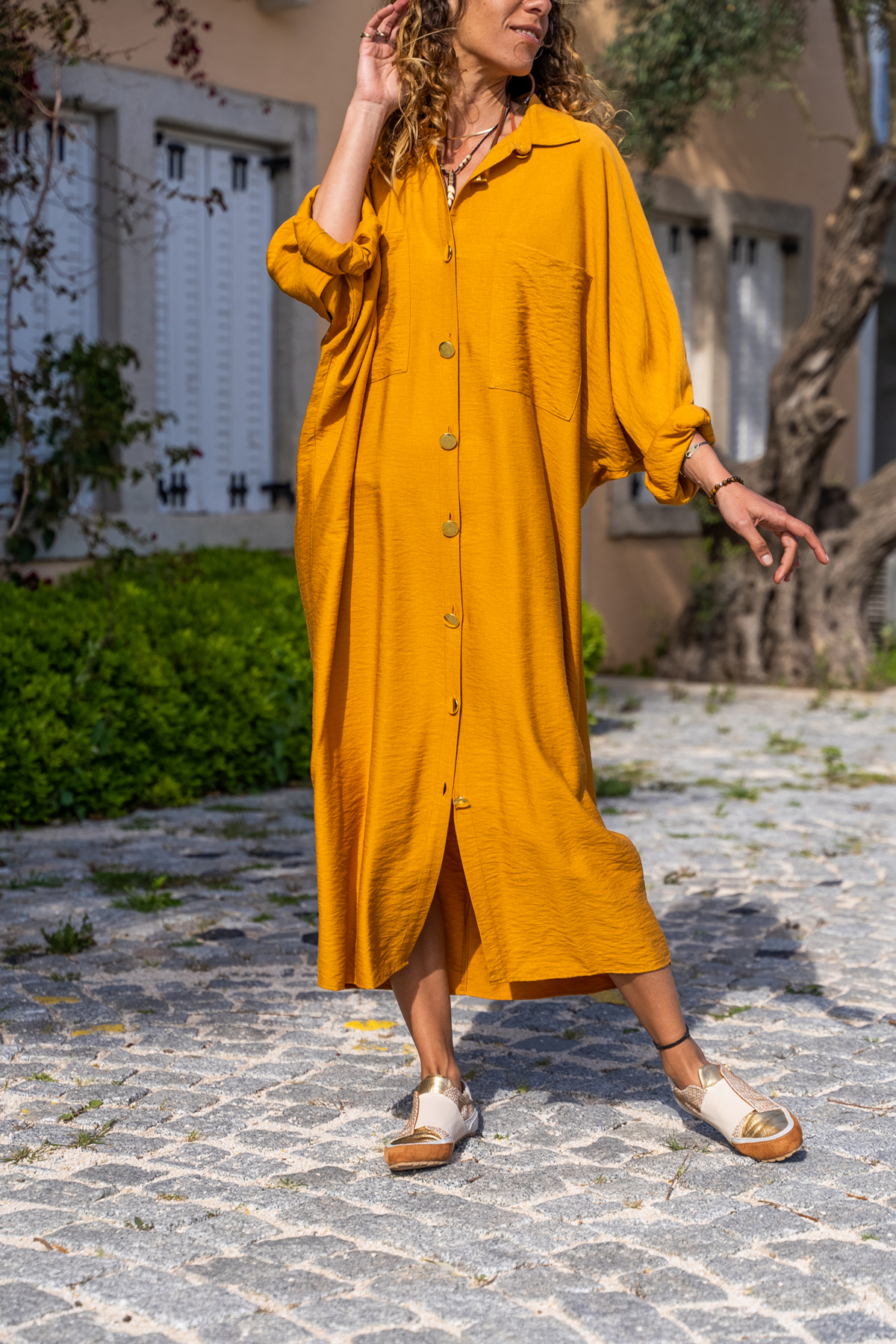 Women Mustard Linen Bat Sleeve Loose Pocket Shirt Dress Bst3282