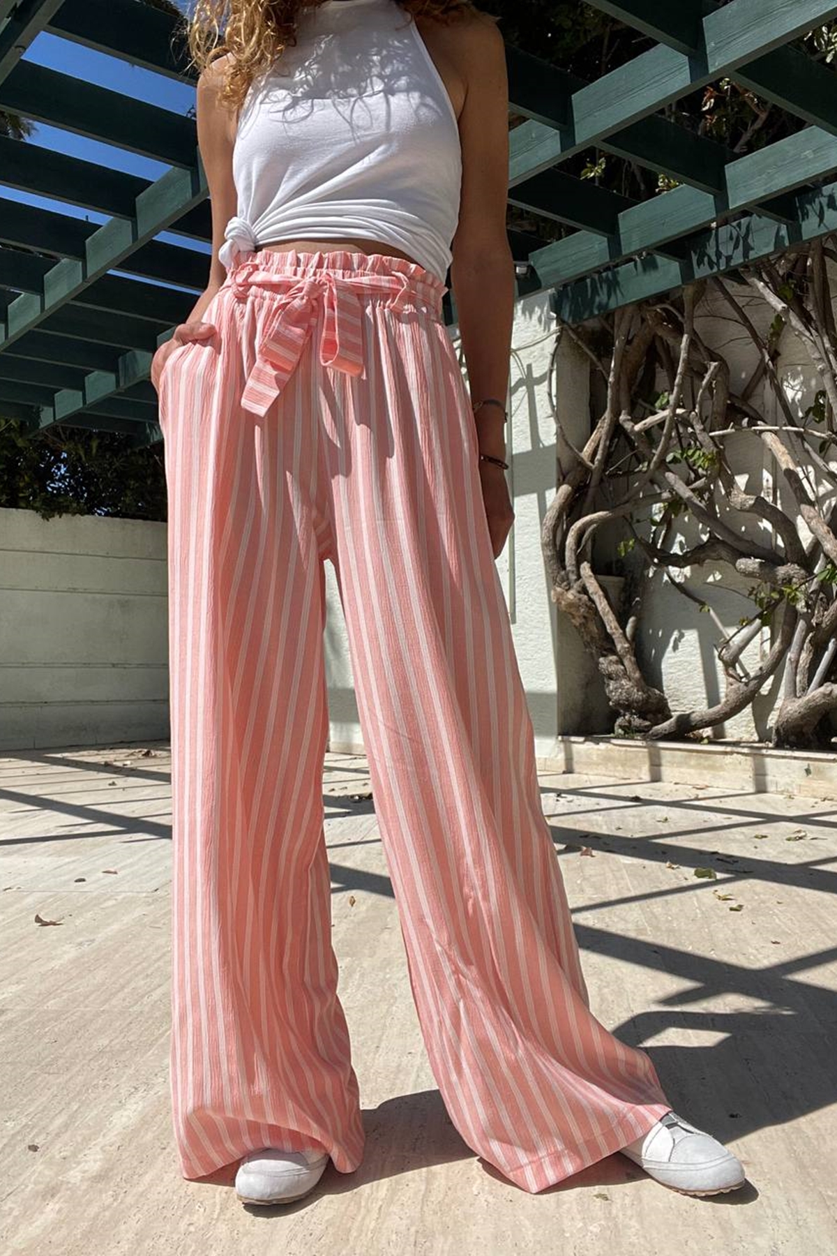 Women's Pink Linen High Waist Self Belt Elastic Waist Pocket Wide Leg Loose Trousers Bst3364